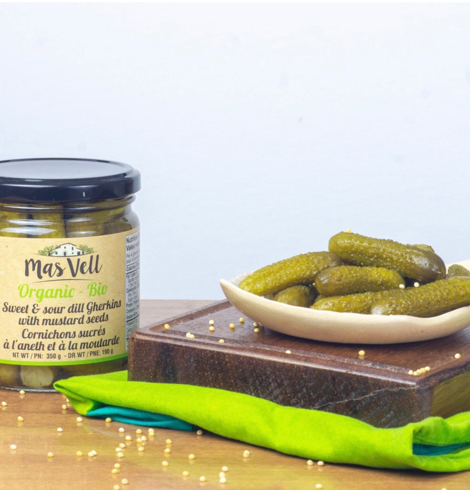 Mas Vell organic sweet and sour gherkins with mustard seeds, 370 mL